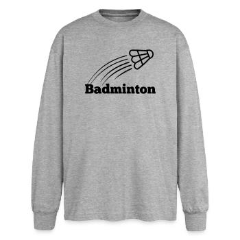 Texte de badminton avec navette volant - T-shirt manches longues oversize - gris chiné - Devant - AI Model Female 180 light (180cm)