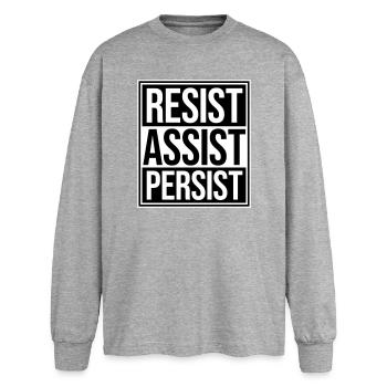Resist Assist Persist Aktivismus Motivation Logo - Oversized Langarmshirt  - Grau meliert - Vorne - AI Model Female 180 light (180cm)