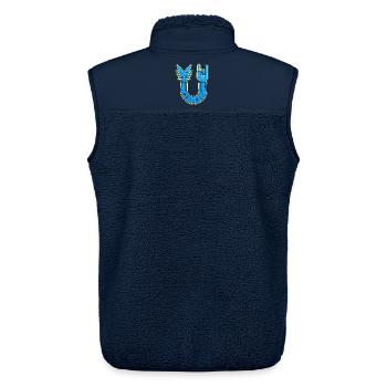 Blaue U-Form Gitarre mit Rock Hand - Unisex Sherpaweste von Stanley/Stella - Navy - Hinten - AI Model Male 178 light (178cm)
