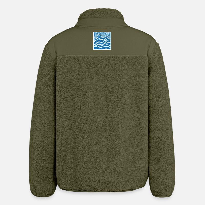 Ship on Wave - Linocut - Relaxed Fit Unisex Sherpa Jacket by Stanley/Stella - khaki