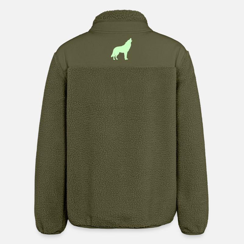 Wolf Silhouette Neon Green - Relaxed Fit Unisex Sherpa Jacket by Stanley/Stella - khaki