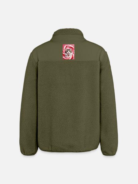 Christmas Cat in Candy Ring Design - Relaxed Fit Unisex Sherpa Jacket by Stanley/Stella - khaki