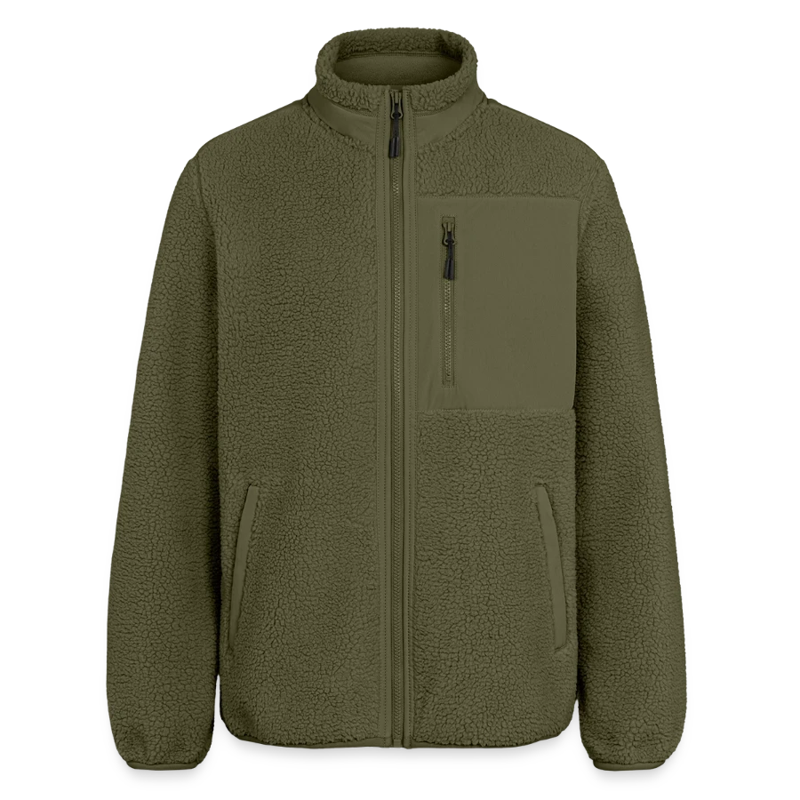 Interlaken badge on a relaxed fit unisex sherpa jacket by stanley/stella, khaki