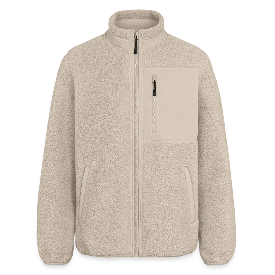 Lucerne badge on a relaxed fit unisex sherpa jacket by stanley/stella, beige
