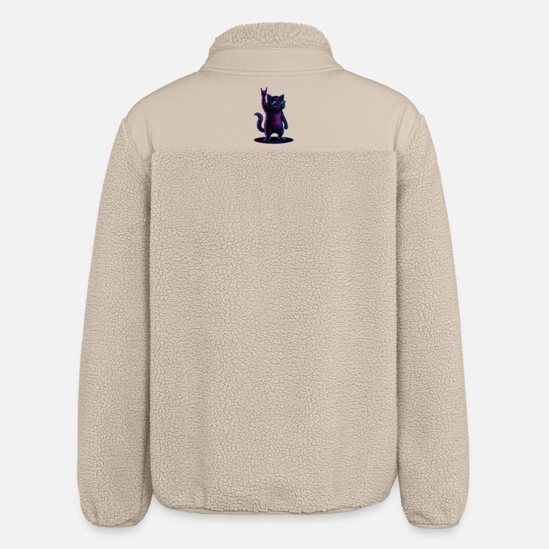 Synthwave Cat Cat with Rockhand Pose - Relaxed Fit Unisex Sherpa Jacket by Stanley/Stella - beige