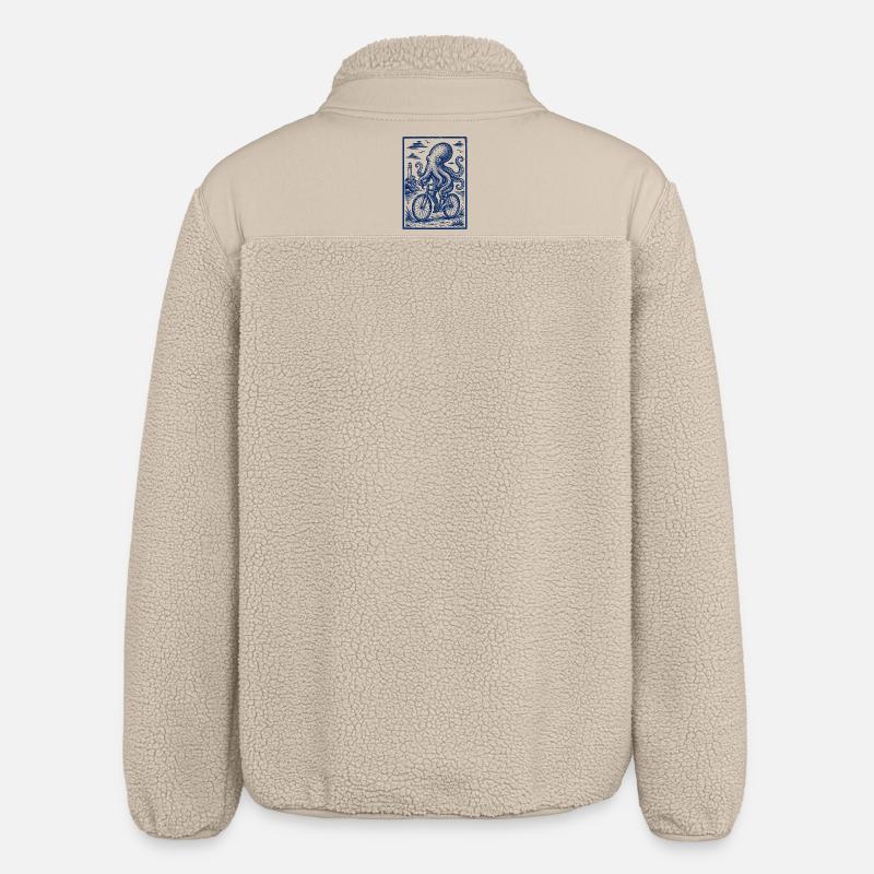 Octopus on Bicycle – Maritime Woodcut - Relaxed Fit Unisex Sherpa Jacket by Stanley/Stella - beige