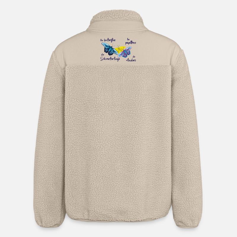 Bunte Schmetterlinge, 4 Sprachen - Relaxed Fit Unisex Sherpajacke von Stanley/Stella - Beige