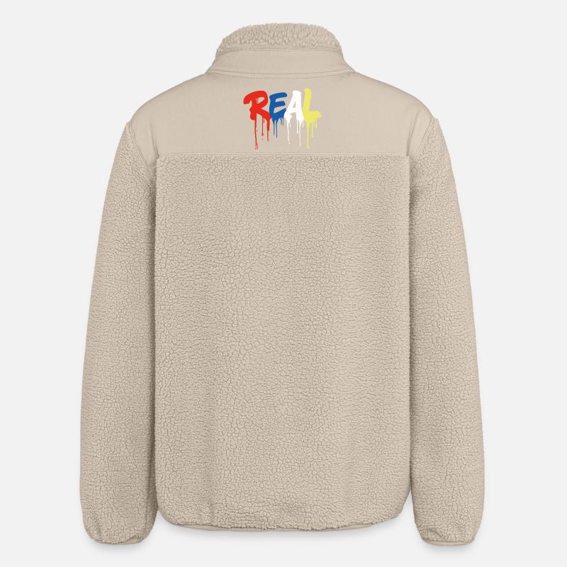 Graffiti-Style "REAL" - bunter tropfender Buchstabe - Relaxed Fit Unisex Sherpajacke von Stanley/Stella - Beige