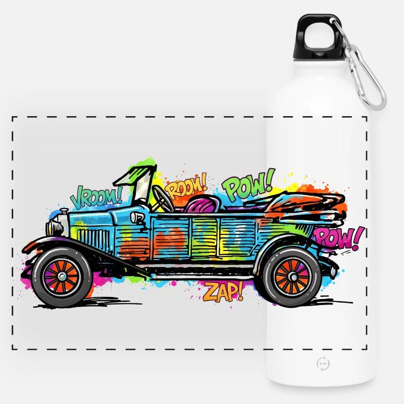Buntes Comic Auto/ Oldtimer Vintage Druck - Panorama Trinkflasche mit Karabiner 750 ml - Weiß