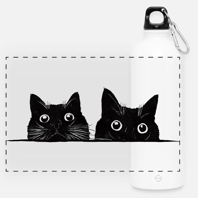 Two peeking cats black - Panoramic Drinks Bottle with Carabiner 750 ml - white
