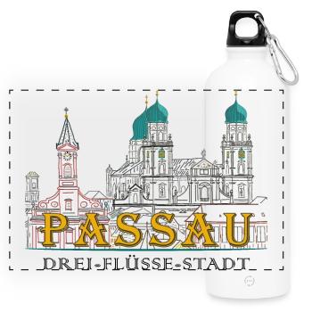 Passau Danube View, Bavaria, Germany, Drawing - Panoramic Drinks Bottle with Carabiner 750 ml - white - Front