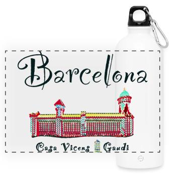 Barcelona, A. Gaudí, Casa Vicens, Spanien - Panorama Trinkflasche mit Karabiner 750 ml - Weiß - Vorne