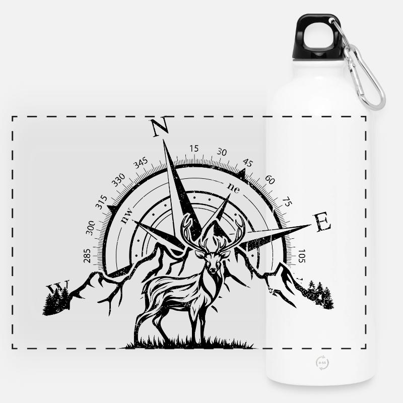 Compass and Deer in the Mountains - Panoramic Drinks Bottle with Carabiner 750 ml - white