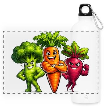 Strong vegetable team – broccoli, carrot & beetroot - Panoramic Drinks Bottle with Carabiner 750 ml - white - Front