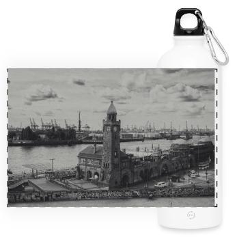 Hamburger Hafen Pegelturm retro - Panorama Trinkflasche mit Karabiner 750 ml - Weiß - Vorne