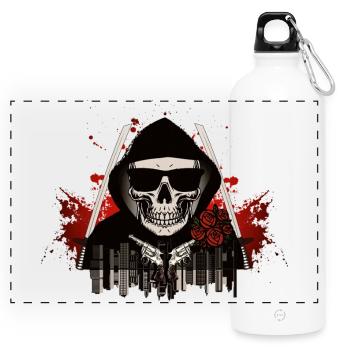 Totenkopf mit Kapuze und rote Rosen - Panorama Trinkflasche mit Karabiner 750 ml - Weiß - Vorne
