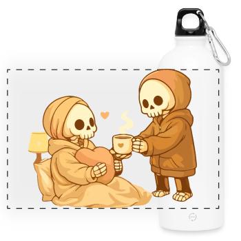 Cozy skeleton brings tea – Small gesture, lots of heart - Panoramic Drinks Bottle with Carabiner 750 ml - white - Front