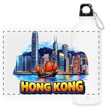 Hong Kong Skyline  - Panorama Trinkflasche mit Karabiner 750 ml - Weiß - Vorne