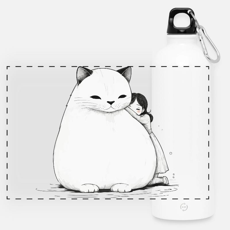 Big cuddle with a cat - Panoramic Drinks Bottle with Carabiner 750 ml - white