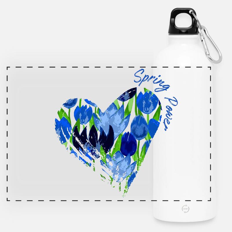 Blue Tulip Heart: Spring Power - Panoramic Drinks Bottle with Carabiner 750 ml - white