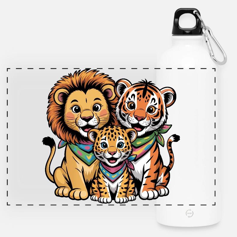 Süße Löwe Tiger Leopard Freunde - Panorama Trinkflasche mit Karabiner 750 ml - Weiß