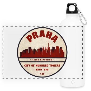 Prague Skyline Vintage Round Logo - Panoramic Drinks Bottle with Carabiner 750 ml - white - Front