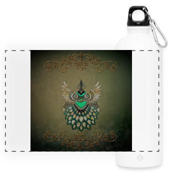 Beautiful elegant peacock in green colors. - Panoramic Drinks Bottle with Carabiner 750 ml - white - Front