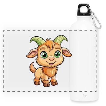 Steinbock Niedliche Zeichentrickfigur Kawaii Clipart - Panorama Trinkflasche mit Karabiner 750 ml - Weiß - Vorne