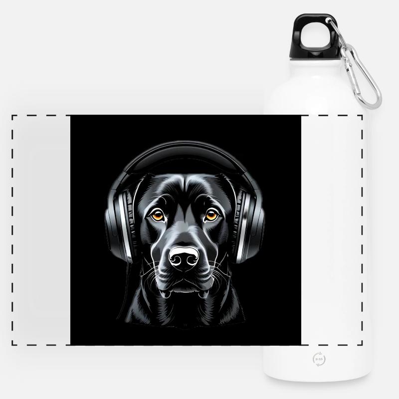 Labrador mit Kopfhörern Kunstmotiv - Panorama Trinkflasche mit Karabiner 750 ml - Weiß