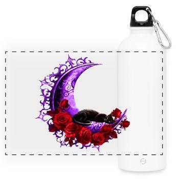 mondsichel, Katzen motiv, Rosenblüten - Panorama Trinkflasche mit Karabiner 750 ml - Weiß - Vorne