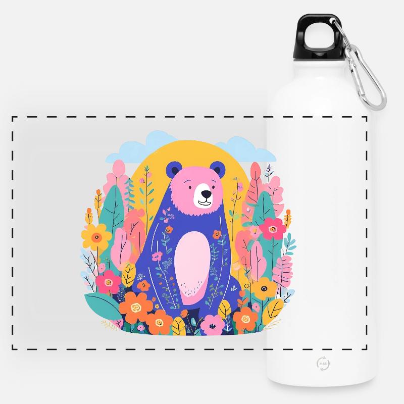 Colorful Bear in a Flower Garden - Panoramic Drinks Bottle with Carabiner 750 ml - white