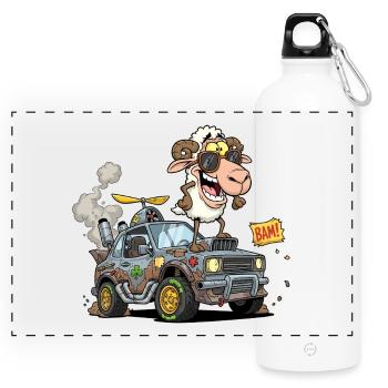 Cartoon Schaffahrer im Geländewagen - Panorama Trinkflasche mit Karabiner 750 ml - Weiß - Vorne