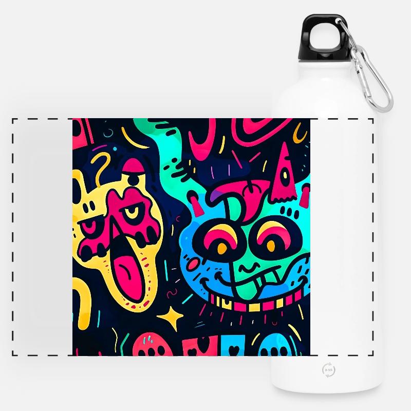 Illustration with Colorful Monsters - Panoramic Drinks Bottle with Carabiner 750 ml - white