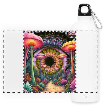 Psychedelischer Pilzpfad Mandala - Panorama Trinkflasche mit Karabiner 750 ml - Weiß - Vorne