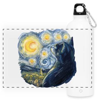 Starry Night Style Cat Van Gogh - Panoramic Drinks Bottle with Carabiner 750 ml - white - Front