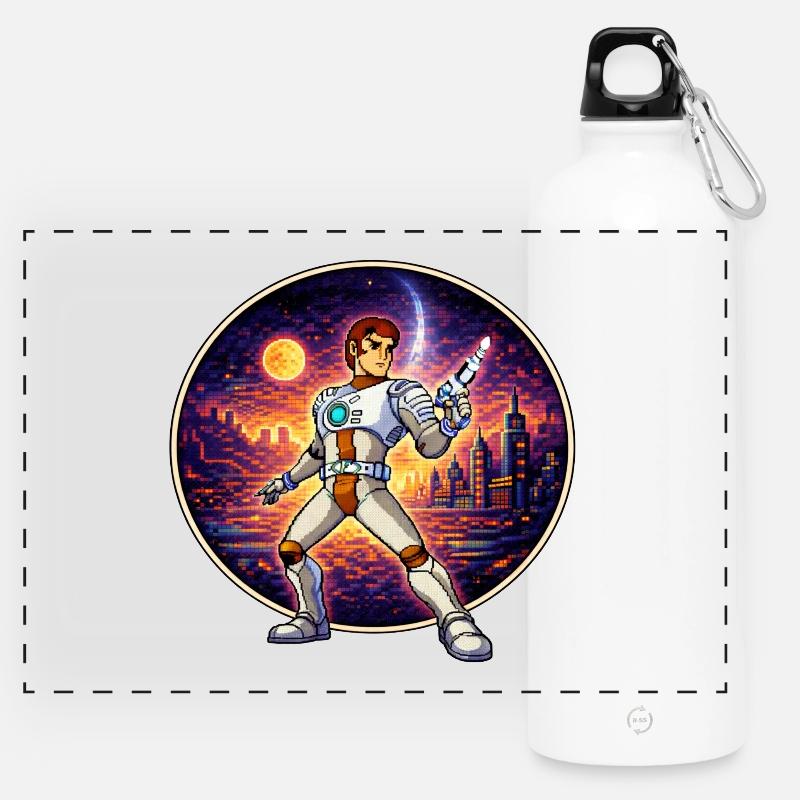 Pixel Captain – Retro Sci-Fi Hero - Panoramic Drinks Bottle with Carabiner 750 ml - white