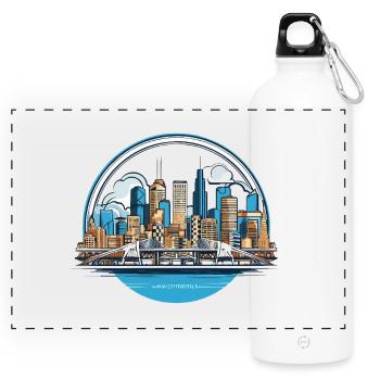 City skyline and bridge in a circle - Panoramic Drinks Bottle with Carabiner 750 ml - white - Front