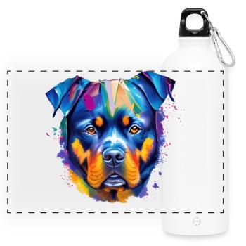 Rottweiler Bunte Hundekunst Lebendiges Porträt - Panorama Trinkflasche mit Karabiner 750 ml - Weiß - Vorne