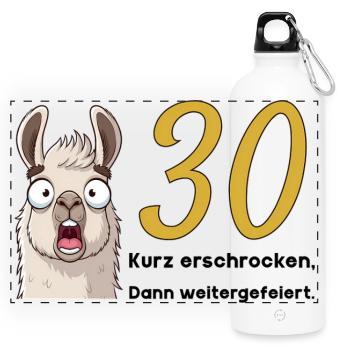 30 Geburtstag – Kurz erschrocken, dann gefeiert - Panorama Trinkflasche mit Karabiner 750 ml - Weiß - Vorne
