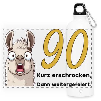 90 Geburtstag – Kurz erschrocken, dann gefeiert - Panorama Trinkflasche mit Karabiner 750 ml - Weiß - Vorne
