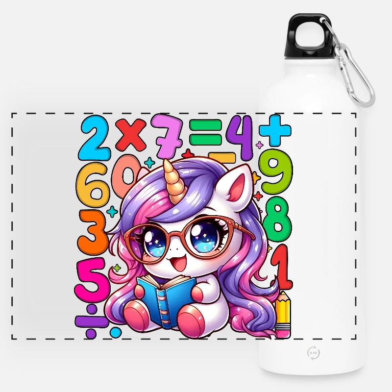 Number Day Whimsical Unicorn Math Learning Design - Panoramic Drinks Bottle with Carabiner 750 ml - white