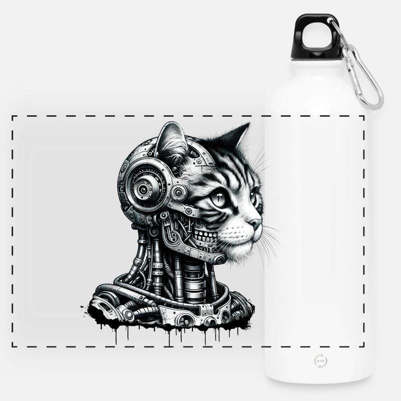 Tête de chat conçue comme un robot au look rétro - Gourde panoramique avec mousqueton 750 ml - blanc