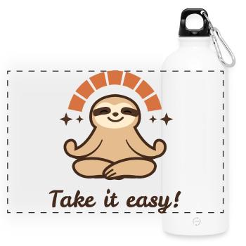 Take it easy – Relaxed Faultier Design - Panorama Trinkflasche mit Karabiner 750 ml - Weiß - Vorne