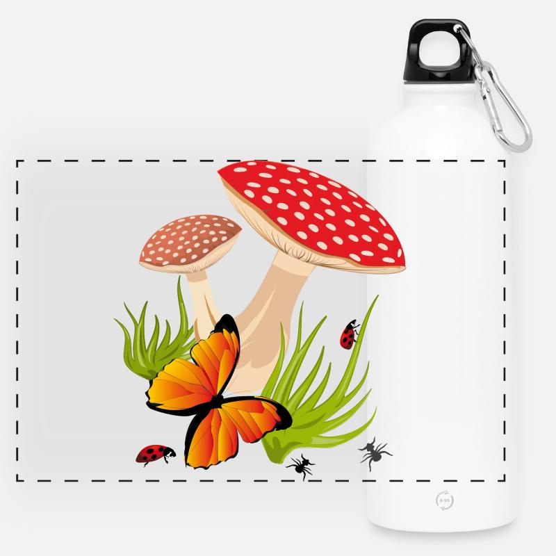 Toadstools, Butterfly - Panoramic Drinks Bottle with Carabiner 750 ml - white