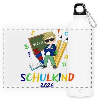 Schulkind 2026 Bunt - Panorama Trinkflasche mit Karabiner 750 ml - Weiß - Vorne