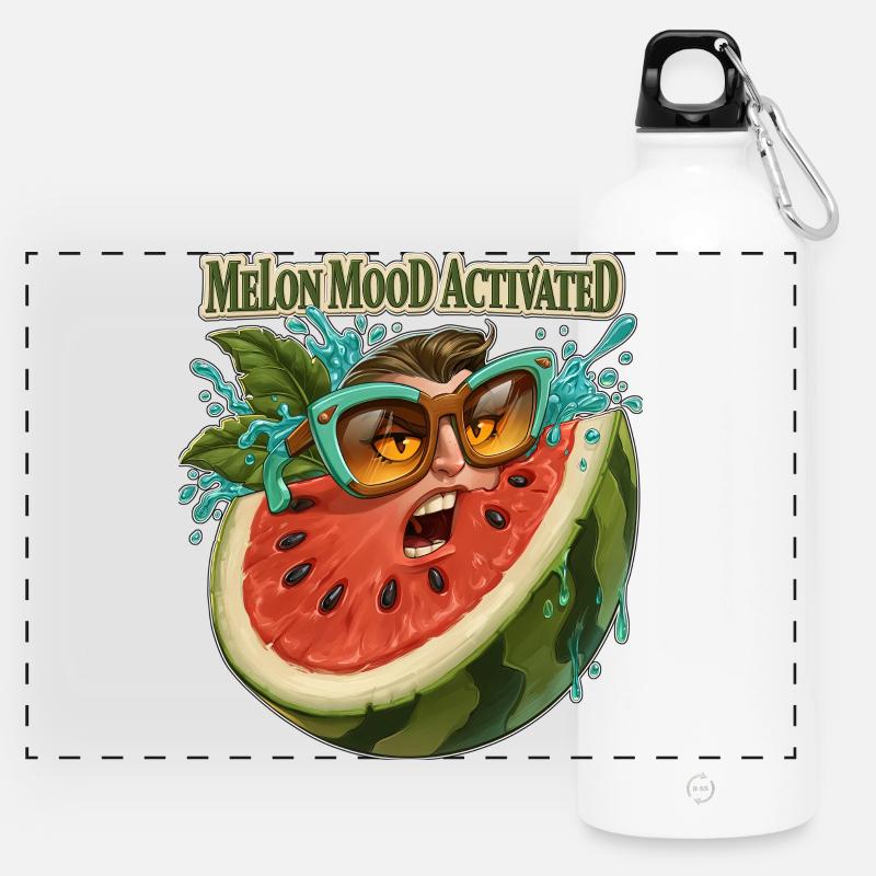 Melon Mood Activated Funny Watermelon Face - Panoramic Drinks Bottle with Carabiner 750 ml - white