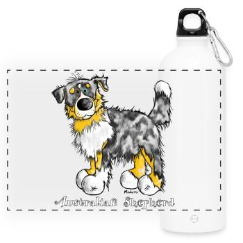 Australian Shepherd – Aussie – Hütehund - Panorama Trinkflasche mit Karabiner 750 ml - Weiß - Vorne