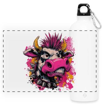 Punk Kuh – Wild and Rebellious - Panoramic Drinks Bottle with Carabiner 750 ml - white - Front