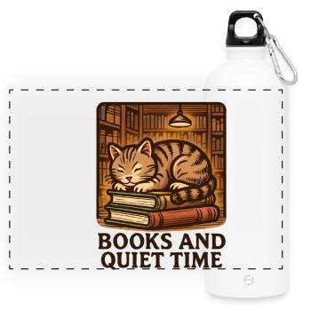 Schlafende Katze über Büchern - Panorama Trinkflasche mit Karabiner 750 ml - Weiß - Vorne