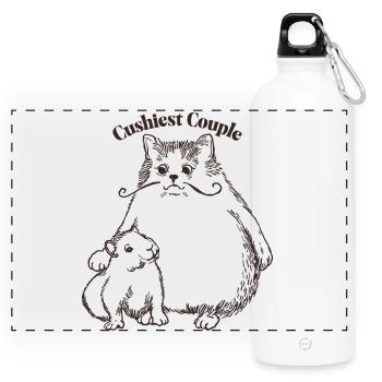 "Cushiest Couple" Katze und Meerschweinchen - Panorama Trinkflasche mit Karabiner 750 ml - Weiß - Vorne